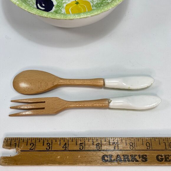 Large Ceramic Salad Pasta Vegetable Bowl Made in Italy Spoon & Fork Set Green - Picture 7 of 11